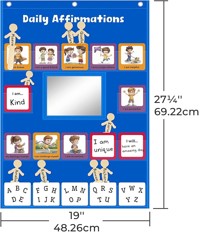Daily Affirmations for Kids Pocket Chart with Mirror Large Pocket Chart for Classroom, Mindfulness Affirmation Mirror for Toddler with 47 Cards Calm Down Corner Supplies (Blue)