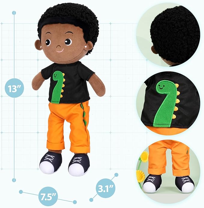 OUOZZZ 13" Black Baby Doll Toys for 1 + Year Old Boy Gifts, African American Doll Birthday Gifts for 1 Year Old Boy Christmas Plush Toys Gift for Toddler Kids Dinosaur