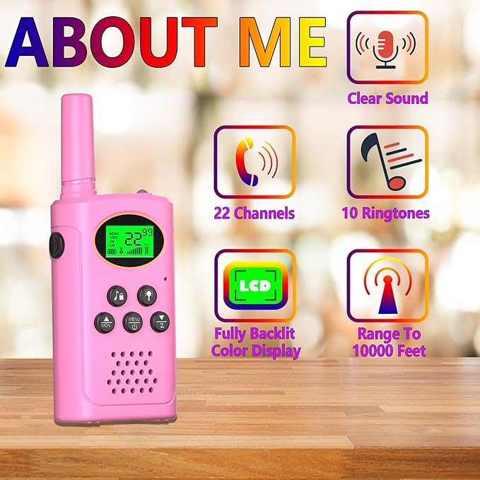 Walkie Talkies for Kids 2 Pack, Toys for Ages 4-13 Year Old Boys Girls with Flashlight LCD Screen, Long Range 22 Channels 2 Way Radio Indoor Outdoor Adventure Easter Xmas Birthday Gifts (Pink)