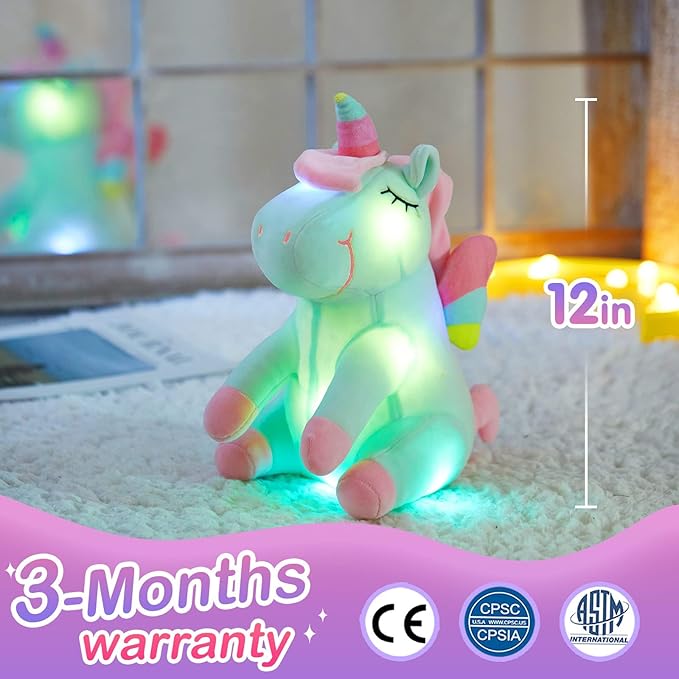 Athoinsu Light up Green Unicorn Stuffed Animal Soft Plush Toy with LED Colorful Night Lights Glowing Children's Day Birthday Valentine's Day for Toddler Kids Girls Women, 12''