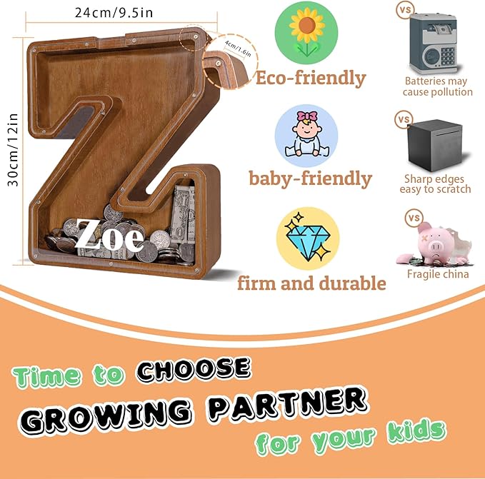 Wooden Letter Piggy Bank for Kids Larger Letter Piggy Bank for Boys and Girls Personalized Piggy Bank Initial Coin Bank Wood Kids Money Bank for Birthday and Festival