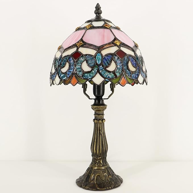 Small Tiffany Lamp Mini Accent Table Lamp Stained Glass Desk Memory Lamp Sympathy 8X14.5 Inch (Pink Baroque Style)