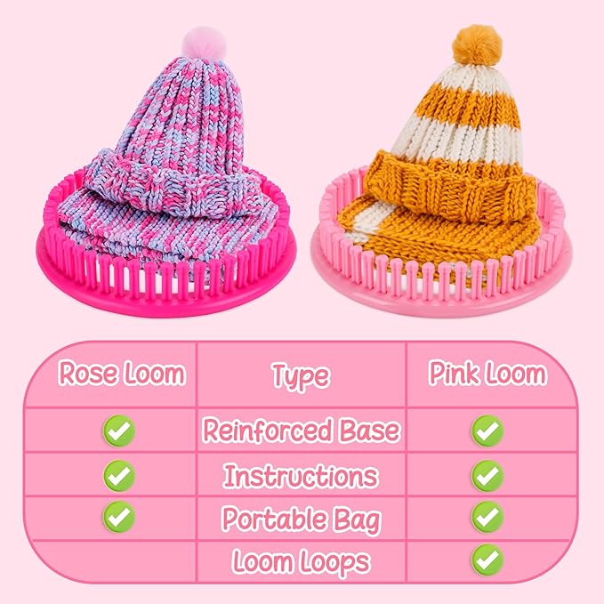AHCo. Knitting Loom Kit for Girls Ages 6 7 8 10 11 12 – DIY Yarn Craft Set with Looms, Hooks, Storage Bag and Tools, Create Hats, Scarves, Coasters – Fun Gift for Beginners and Kids (Rose)