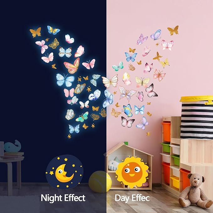 Glow in The Dark Wall Decals - Luminous Butterfly Stickers, Colorful Removable Self-Adhesive Decals for Girls Bedroom, Kids Baby Nursery, Living Room Decoration