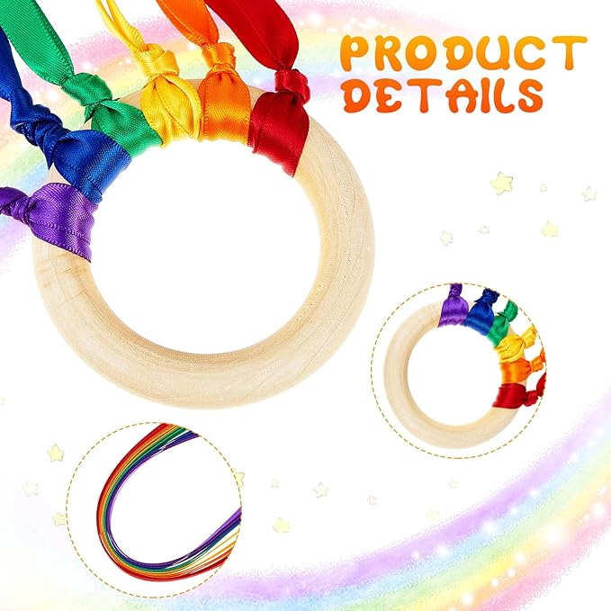 Sumind 6 Pcs Rainbow Ribbon Hand Kites Wands for Kids Dancer Streamer String Toy Thrown Waldorf Wand with Wooden Ring Wand Learning Educational(Vivid Colors)