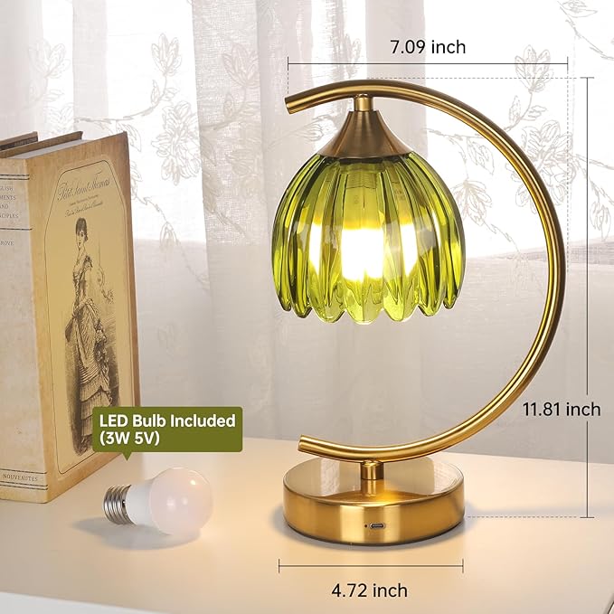 Cordless Table Lamp with 5200mAh Battery & Touch Control - 3 Adjustable Color Temperatures Bulb, Rechargeable Small Table Lamps for Living Room, Bedroom, Office Desk, Nightstand (Green Tulip)