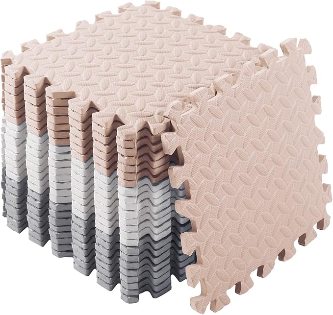 Shihanee Foam Floor Baby Tiles Foam Floor Mats Play Mats Bulk with Borders Interlocking for Kids Baby Playroom Nursery Gym (White, Beige, Gray,64ft)