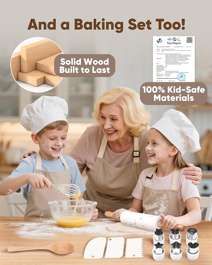 Wooden Safe Real Cooking Tool Set for Kids Toddler Teen – Montessori Kitchen Accessories & Utensils for Little Chef, with Children Proof Knife & Baking Kit, Youth Friendly Culinary Kit for Girl & Boy