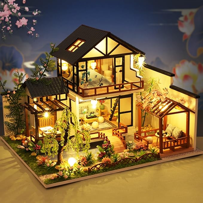 DIY Miniature House Kit, Tiny House Kit with LED & Music Movement, DIY Wooden Dollhouse Miniature Kit for Adults Teen, Wooden Crafts Dollhouse Kit