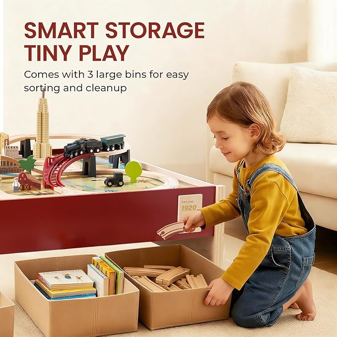 Tiny Land Large Wooden Train Table (47.9”x35.2”), 100PCS Train Set, 3 Storage Bins, Activity Playset for Kids Ages 3+