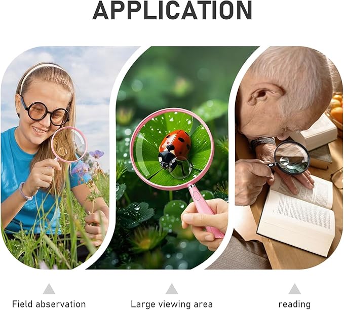 Feosky Handheld Reading Magnifier, 10X 30X Magnifier, 90mm Shatterproof Lens, Non-Slip Handle for Adults Close Work, Seniors Reading and Kids Nature Exploration, Hobby Observation(Silver)