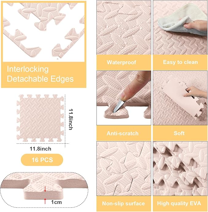 Shihanee 16 Pcs Foam Floor Baby Tiles 11.81 x 11.81 inches Foam Floor Mats Play Mats Bulk with Borders Interlocking for Kids Baby Playroom Nursery Gym（Beige）
