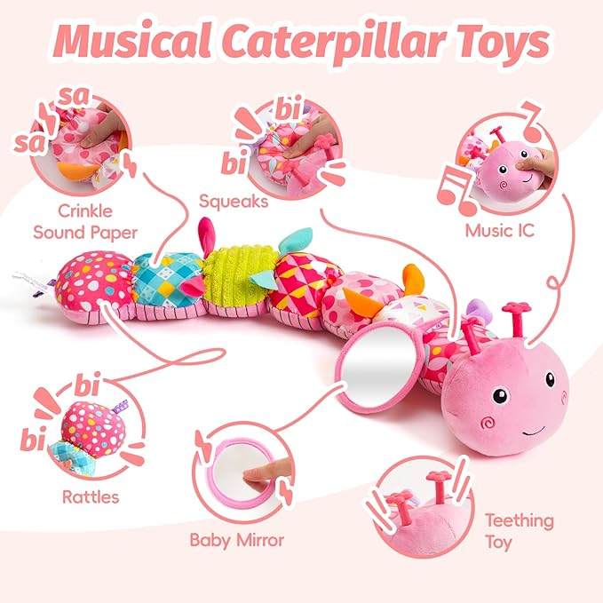 Baby Toys 0-6 Month, Musical Caterpillar Baby Rattle, Plush Sensory Toy with Mirror, Crinkle Textures, Newborn Developmental Tummy Time Stuffed Animal for Infants Boys Girls 6-12 Months (Pink)