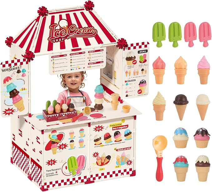 Icecream Cart for Kids,30 Pcs Pretend Play Food Truck, Fort Building STEM Toys Kit ,Ice Cream Shop,Grocery Store Pretend Play,Kids Toys for Girls & Boys(Ages 3+)