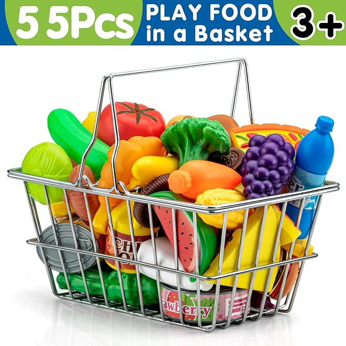 55 Pcs Grocery Store Pretend Play Food Set with Shopping Basket for Kids Toddlers 1-3 4-8, Kids Play Kitchen Accessories Plastic Fake Food Fruits and Vegetables Can Toy Gifts for Boys Girls