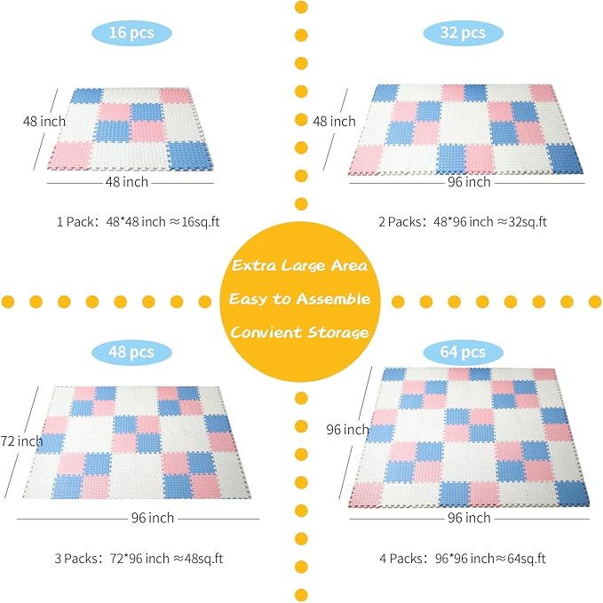 Foam Floor Mats for Kids, 12 x 12 Inch 16 Tiles 0.4" Thickness Foam Play Mat, Non-Toxic Square Interlocking Floor Mats Rubber Baby Play Mat for Toddlers(White/Gray Blue/Lori Pink)
