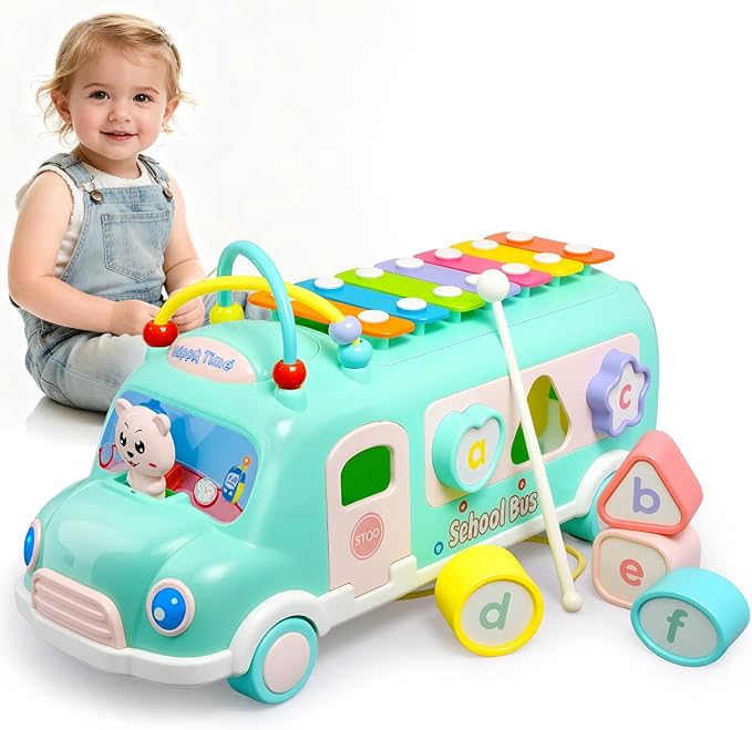 Baby Bus Xylophone Toys for 1 Year Old Girl Gifts, 5-in-1 Montessori Baby Musical Bus Toys for Toddler 1-3, Shape Sort Educational Early Learning Toy 1st First Birthday Gifts for Girls Boys