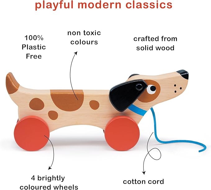 Mentari Toys - Puppy on Wheels - Wooden Dog Pull Toy for Toddlers - Natural Wood Toy with 7 inch Pull Chord, 4 Wheels, Rotating Ears - Enhances Motor Skills - Fosters Imaginative Play - Age 18M+
