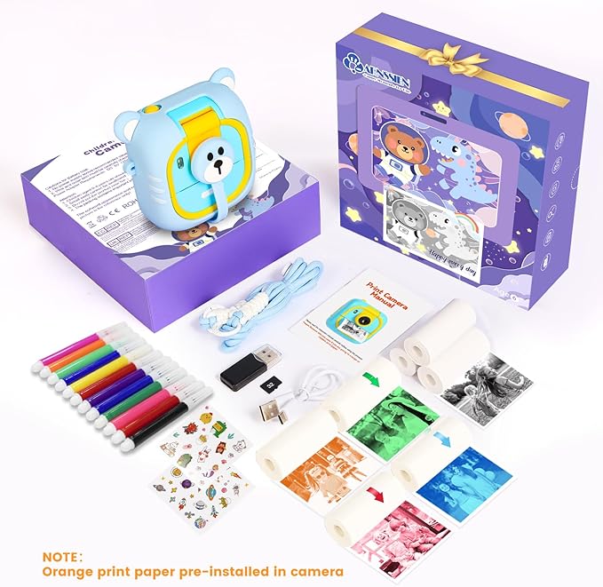 Kids Camera Instant Print, 7 Print Paper (4 Color: O/R/G/B+3 B&W), 2.4" Screen Instant Camera for Kids Ages 3-12,1080P, 180°Flip Lens,32GB Card- Christmas Birthday Present for Boys & Girls,M2