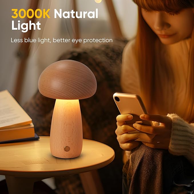 2 Pack Wooden Mushroom Lamp, Portable Cordless Touch Switch Small Rechargeable Battery Operated Lamp,Stepless Dimming,
