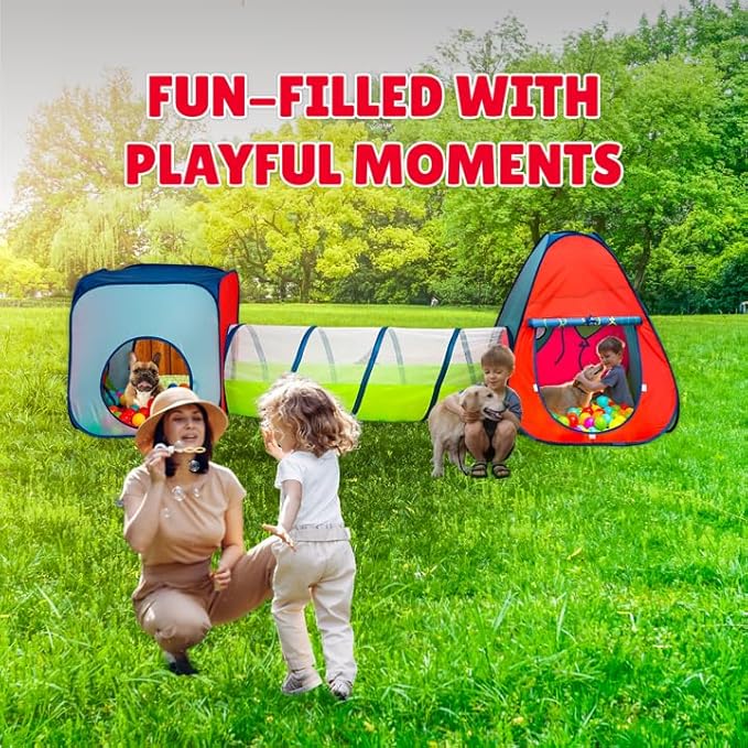 Kiddey Tunnel and Ball Pit Play Tent | 3pc Pop Up Toddler Gym Tunnels with Tents for Kids, Toddlers, Infants Boys & Girls | Indoor & Outdoor Gift Game | Baby Crawling Pits for Playground
