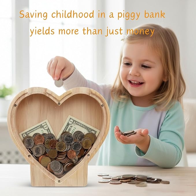 Wooden Heart Piggy Bank Transparent Acrylic Panel Coin Savings Box Personalized Money Bank for Kids Boys Girls Adults Couples, Birthday Christmas Wedding Gift Home Décor
