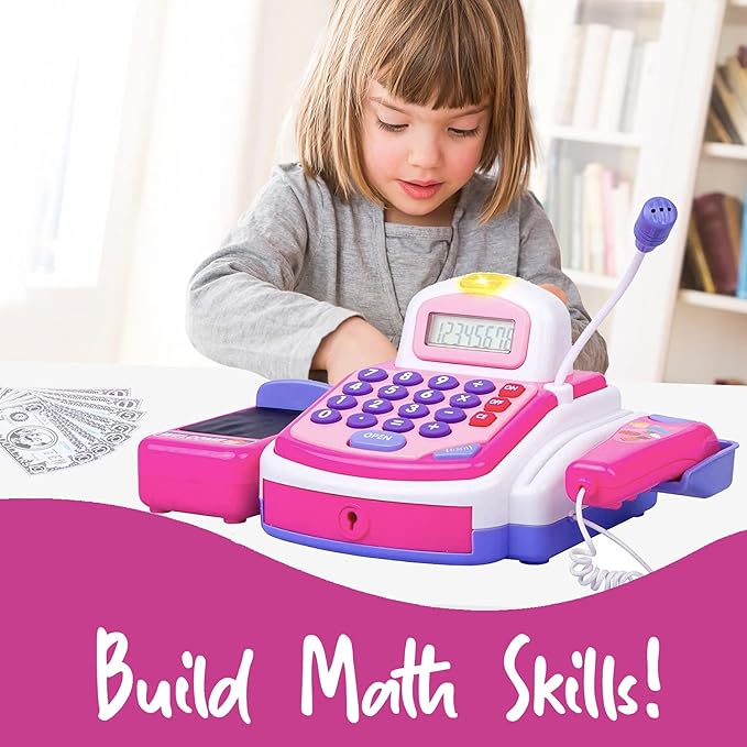 Pretend Play Pink Cash Register Toy - Learn & Play Shopping Kids Toys with Electronic Mic, Scanner, Calculator, Play Food, Fake Money and Basket