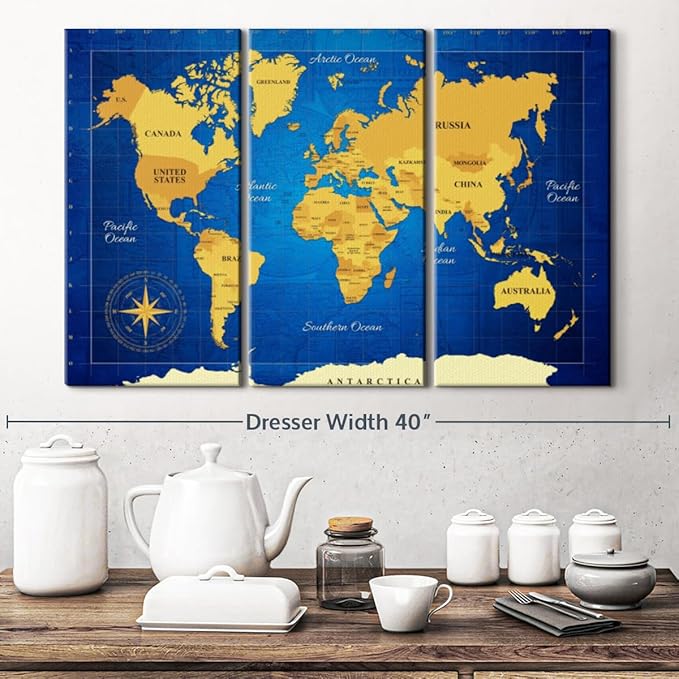 ElephantStock Yellow Longitude World Map Multi Piece Canvas - 3 Panel Wall Decor - Map of the World Art - Canvas for the Office and Home - 33" X 20"