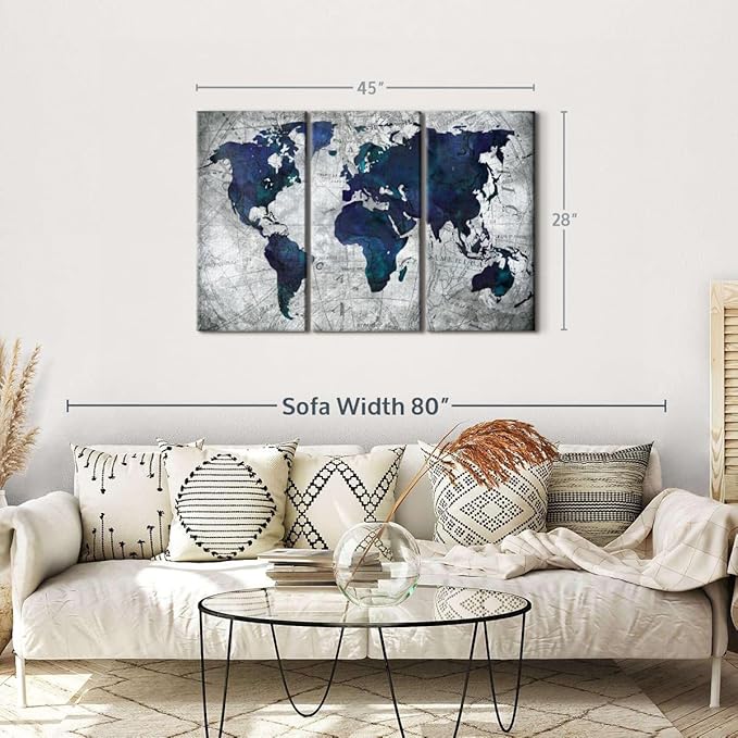 ElephantStock Deep Blue World Map Multi Piece Canvas - 3 Panel Wall Decor - Map of the World Art - Canvas for the Office and Home - 45" X 28"