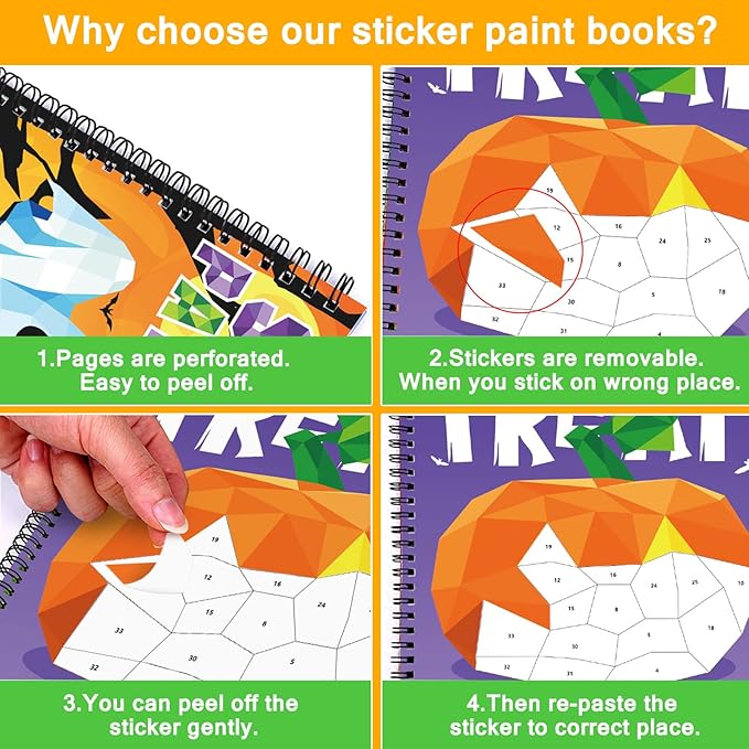 TBEEJ 2PCS Halloween Crafts for Kids Ages 4-8 Sticker Paint Books Includes Pumpkin Mummy Witch Monster and More Designs Gift Party Create 20 Pictures?Sticker Sheets are Separate?
