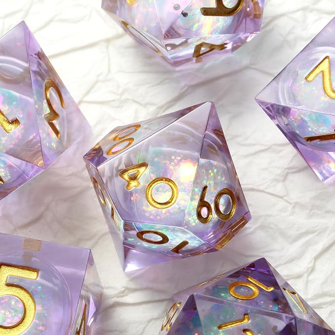 Lilac Liquid Core DND Sharp Dice,DNDND 7PCS Glitter Sparkle Sharp Edge D&D Dice with Gift Case for Dungeons and Dragon Game (Lilac)