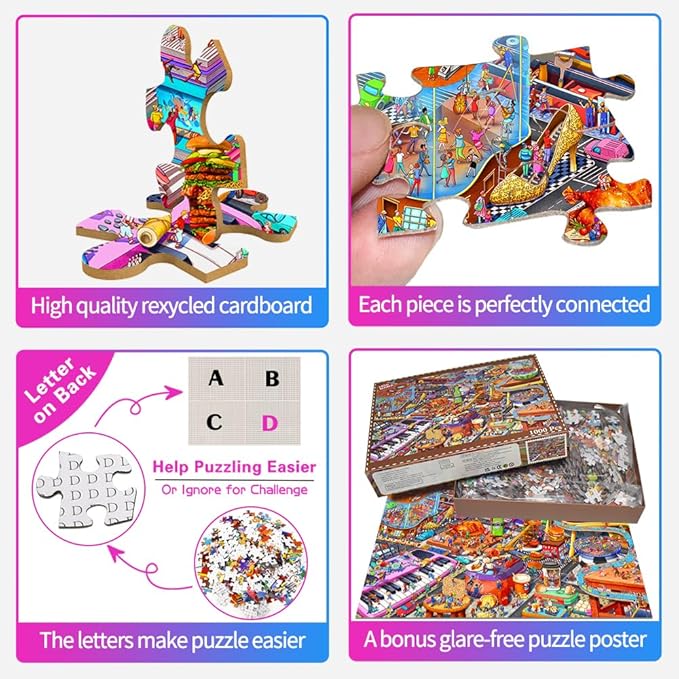 HUADADA Jigsaw Puzzles for Adults 1000 Piece Jigsaw Puzzles for Adults Challenging Game Puzzles with Letters on Back（Little People's World Party）