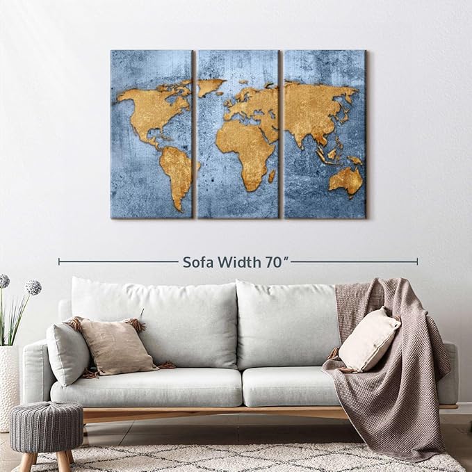 ElephantStock Azure World Map Wall Art Multi Piece Canvas - 3 Panel Wall Decor - Map of the World Art - Canvas for the Office and Home - 50" X 32"