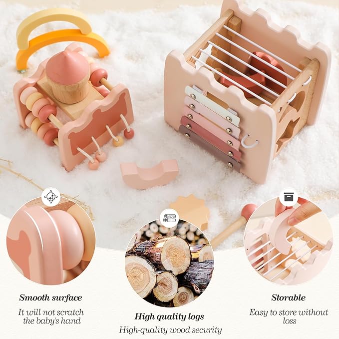 Wooden Baby Activity Cube for Toddlers 1 Year Old,5 in 1 Shape Sorter Abacus Beads Montessori Toys for Baby Girl 6 Months+, Early Educational Learning Toy for Girls 1 Year Up