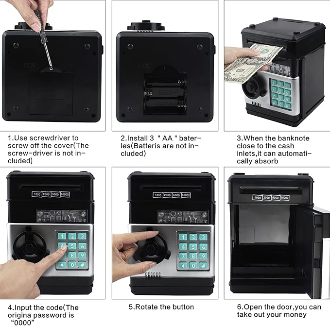 Piggy Bank Electronic Mini ATM for Kids Toy, Safe Money Saving Box Coin Banks Password Code Lock for 3-14 Years Old Kids, Boys Girls Ideal Gift (Black)