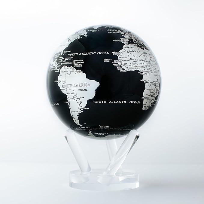 MOVA Globe – Metallic Black and Silver 4.5” | Solar-Powered Rotating Desk Globe with Minimalist Map Design | No Batteries or Cords | Modern Decor Gift