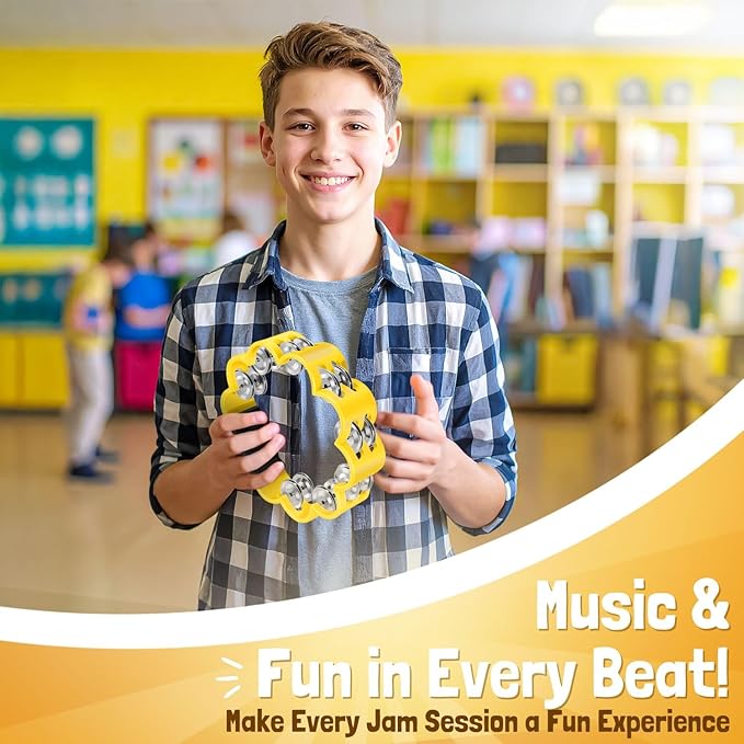 Flexzion Flower Tambourine - 8 Inch Handheld Percussion Instrument w/Metal Jingles & Ergonomic Grip - Small Tambourines for Adults, Kids, Church, Parties, & Musical Events (Yellow)