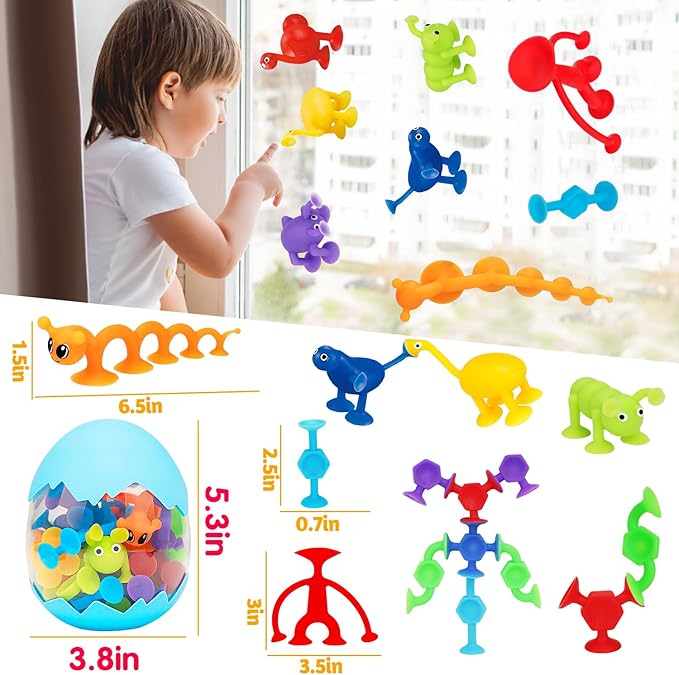32 PCS Toddler Suction Cup Toys Kids Bath Toy 3-5 Halloween Party Favor Goody Prize Filler Stuffer Gift for 3 4 5 6 Year Old Boy Girl Travel Sensory Fidget Window Water Table Toy with Eggshell Storage