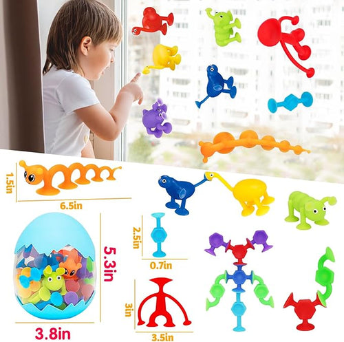 32 PCS Toddler Suction Cup Toys Kids Bath Toy 3-5 Halloween Party Favor Goody Prize Filler Stuffer Gift for 3 4 5 6 Year Old Boy Girl Travel Sensory Fidget Window Water Table Toy with Eggshell Storage