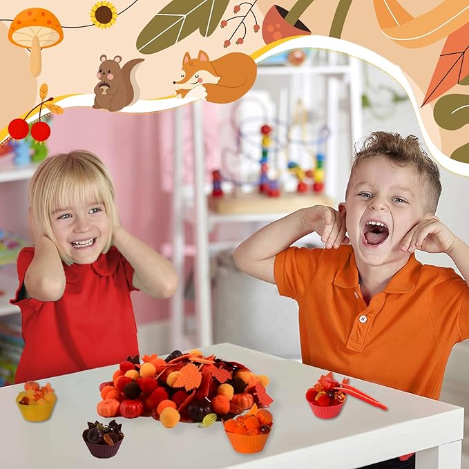 212Pcs Fall Sensory Bin Filler Fine Motor Toys Thanksgiving Sensory Bin Items Counting Sorting Toy 100 Pompoms 60 Felt Leaves 16 Acorns 16 Corns 6 Foam Pumkins for Preschool Education Activities