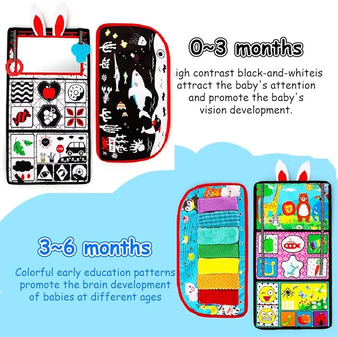 Tummy Time/Baby Mirror Toys, Black and White High Contrast Tabletop Mount Baby Newborn Toys 0 3 6 Months Brain Development, Sensory Texture Piano Infant Toys 0 3 6 Months with Squeaker