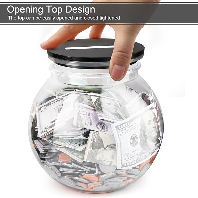 Large Clear Coin Bank Jar with Slotted Lid, 3/4 Gallon Plastic Money Tip Change Savings Coin Jar for Coin or Raffle Ticket, Big Money Coin Tip Piggy Change Bank Box for Adults Teens, Black