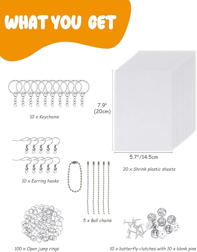 165 PCS Shrink Dink Keychain Kit Includes 20 PCS Shrink Paper Sheets and 145 PCS Metal Accessories, Shrink Papers for Kids Creative Craft School Projects and Christmas Ornaments