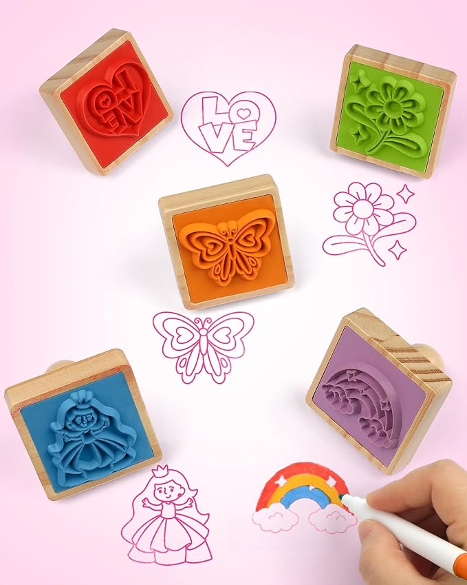 Coogam Wooden Animal Stamps Printing Toy Set, 20pcs Color Shape Stamping for DIY Scrapbook Arts Crafts Supplies Party Favor Toy Gift with Markers Suitable for 3 4 5 Year Old Kids