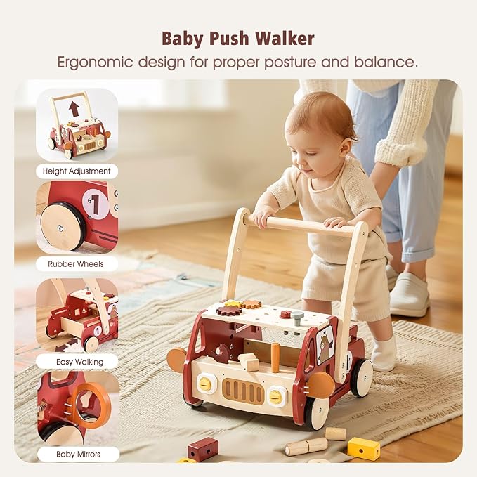 3-in-1 Wooden Baby Walker Adjustable Height with Tool Bench and Toy Storage Wagon - Multifunctional Toddler Push Walker Ergonomically Designed for Natural Walking - 3+ Years of Continuous Use