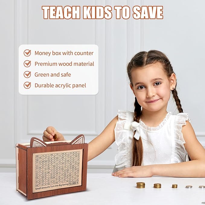 Money Saving Box, 10000 Savings Challenge Box Wooden Coin Cash Money Saver with Target and Tracker Reusable Piggy Bank for Adults Kids Boys Girls Gifts for Family & Friends Caja De Ahorros 13 Sheet