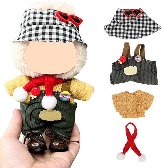 Doll Clothes for Labubu(NO Doll), for 17/15cm Plush Dolls, Clothing Suit Toy Figurine Outfit Set Dress Up with Kawaii Style Accessories, Multicolour Overall and Cute Hat or Headwear (LB92)