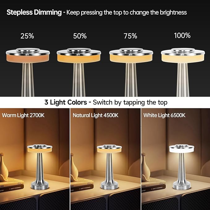 Cordless Table Lamp, Portable LED Desk Lamp, Table Sensor Control Beside Lamps, Kids Night Light with Stepless Dimming & Charging Completed Tip Light & 3 Colors Changing