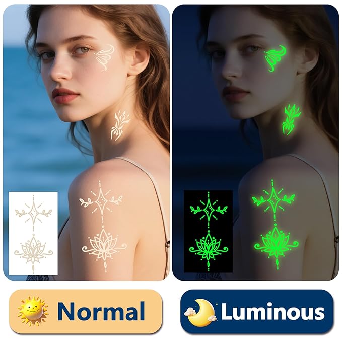 Glow Tiny Temporary Tattoo for Women Men, Luminous Star Sun Heart Butterfly Fake Tattoos, Classical Line Words for Adult Kid Arm Neck Body Tattoos Stickers Party Supplies Realistic, 60 Sheets