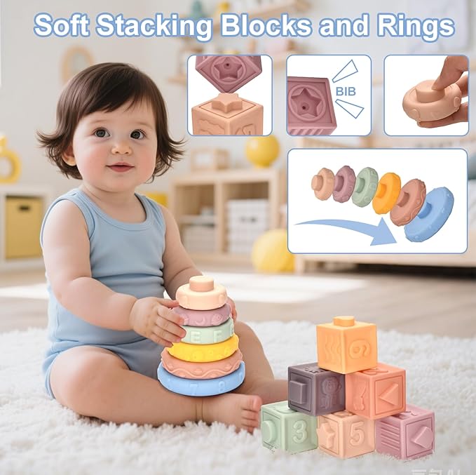 Montessori Toys for Baby 6 Month Old,Baby Toys 6-9-12 Months,6 in 1 Montessori Sensory Toys for 1 Year Old,Stacking Blocks,Tissue Box Toys for Toddlers Birthday Halloween